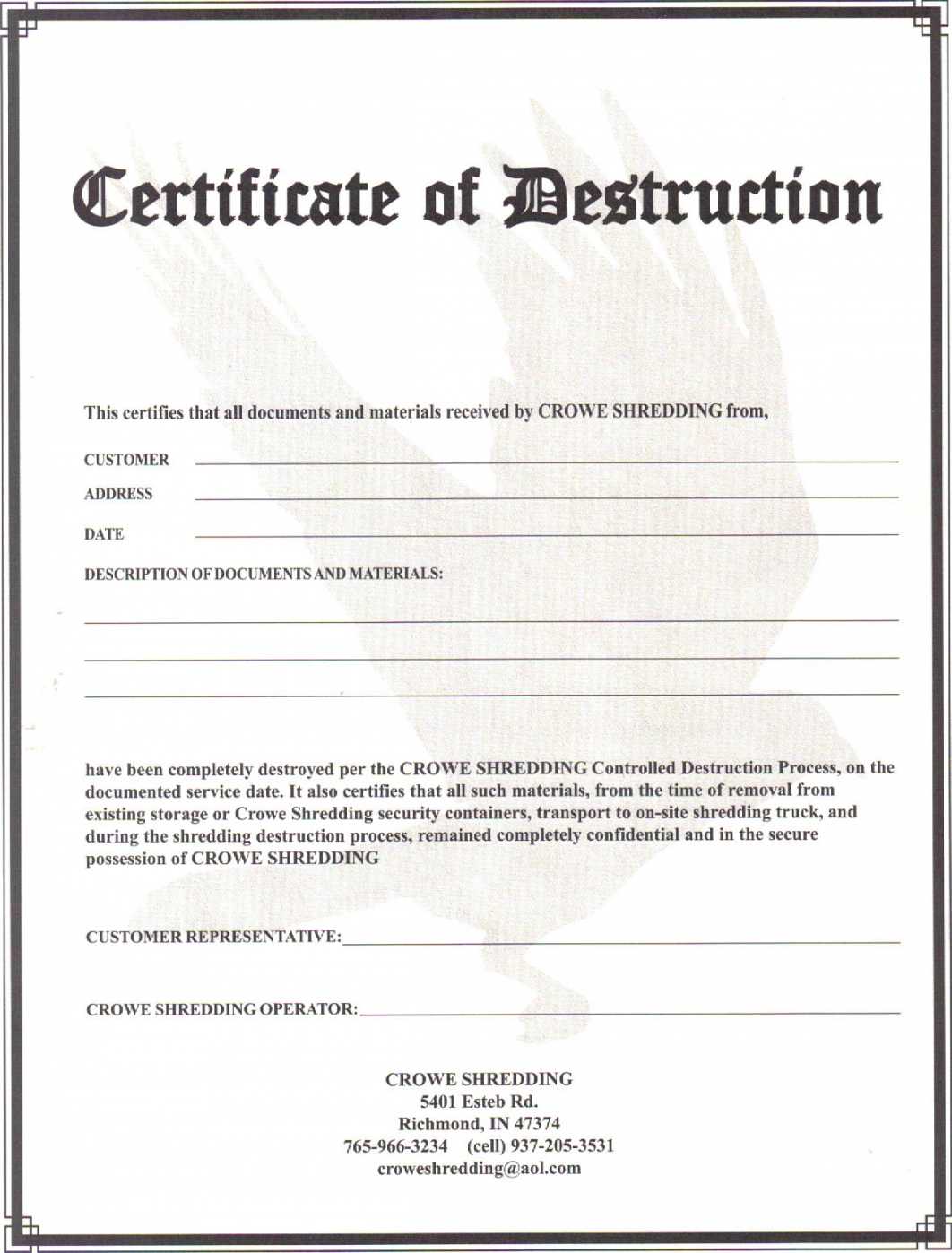 004 Certificate Of Destruction Template Free Form With Free Certificate Of Destruction Template