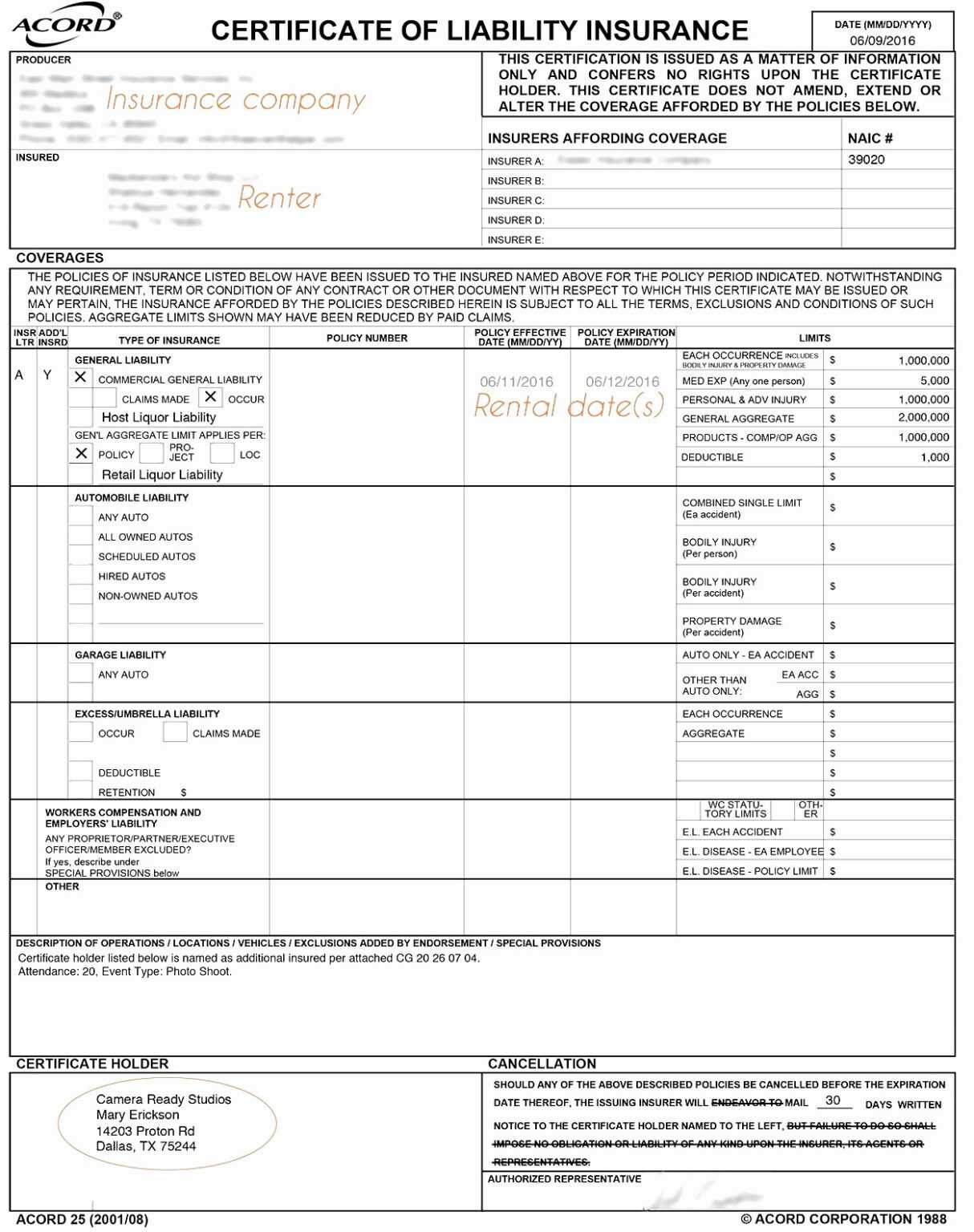 Certificate Of Liability Insurance Template