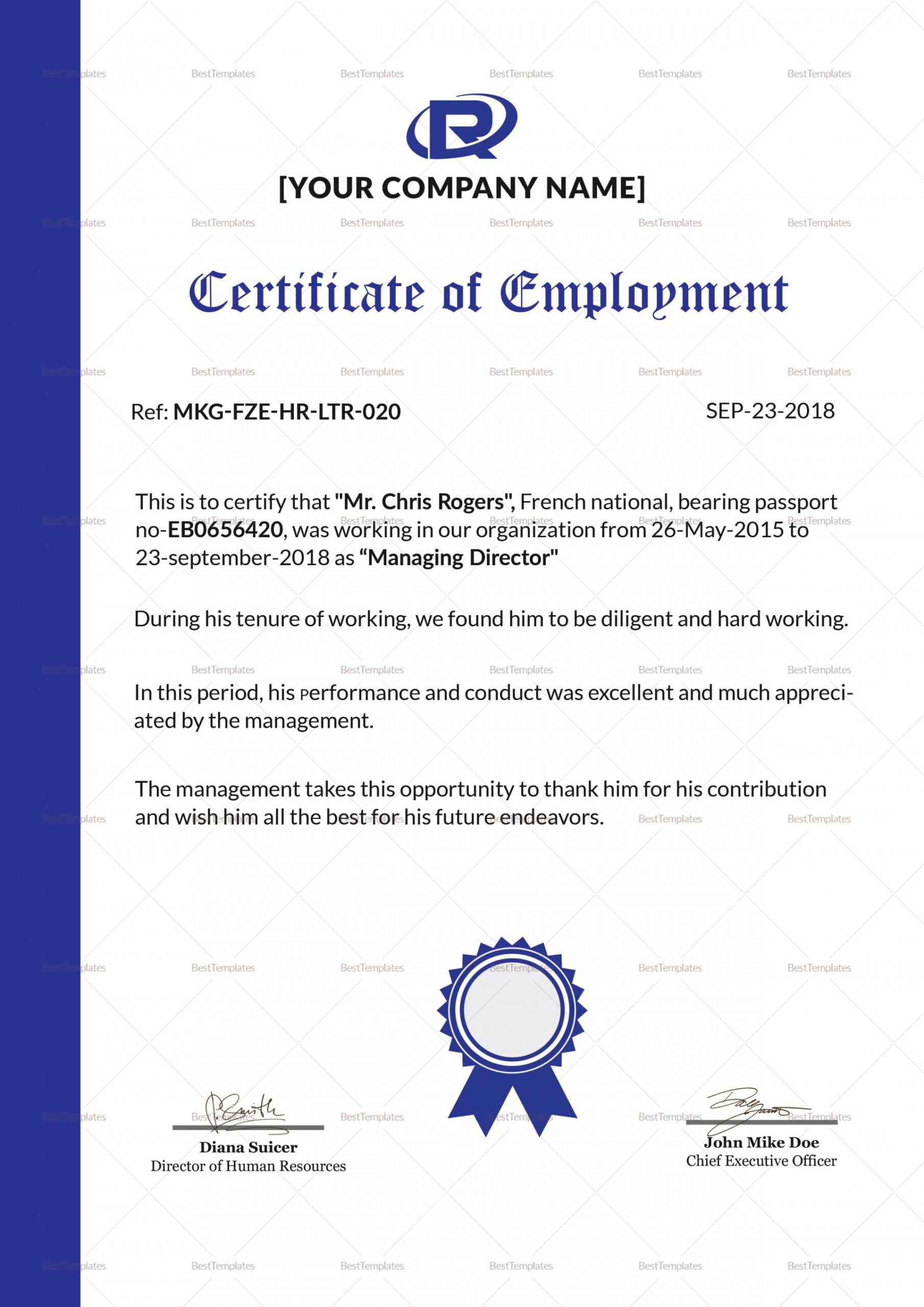 020 Employment Certificate Template Visa New Experience Within Good Job Certificate Template