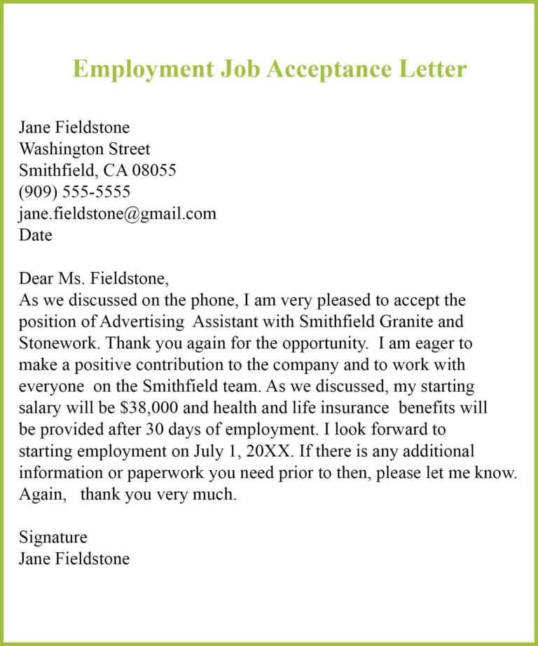 020 Employment Job Acceptance Template Ideas Letter Regarding ...