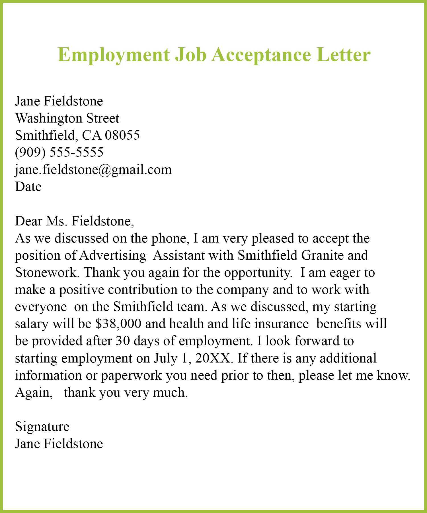 020 Employment Job Acceptance Template Ideas Letter Regarding Certificate Of Acceptance Template