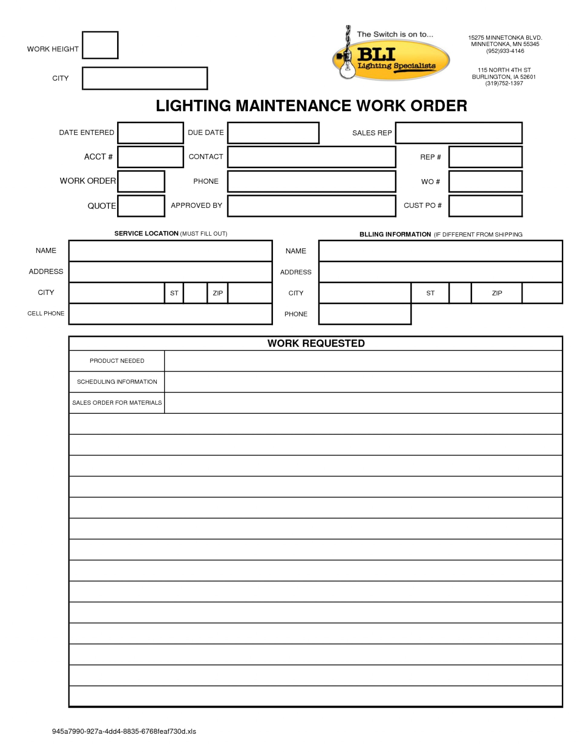 027 Maintenance Work Order Template Excel New Job Card Throughout Mechanics Job Card Template