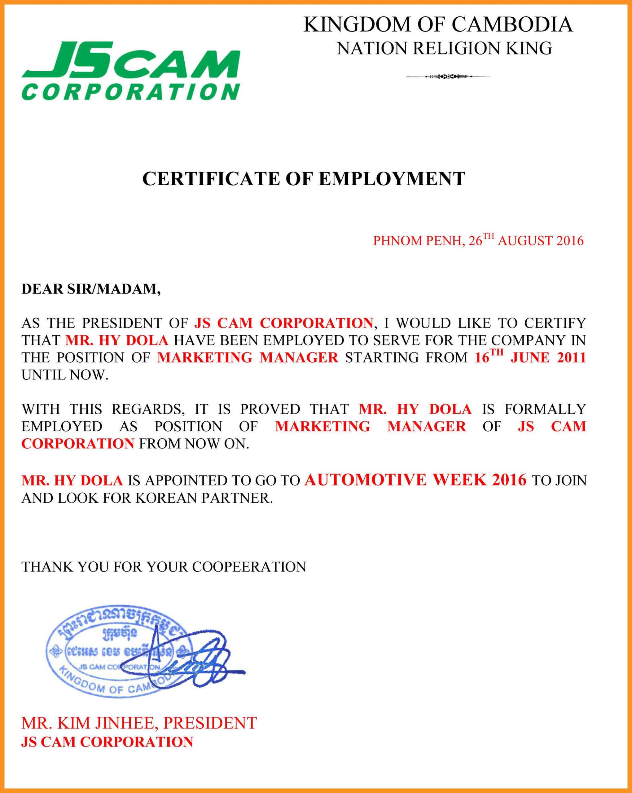 037 Employement Certificate Of Employment Template In Certificate Of Employment Template