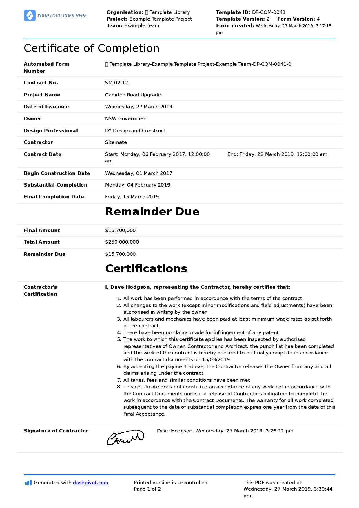 040 Free Construction Contract Agreement Template Example In Certificate Of Completion Template Construction