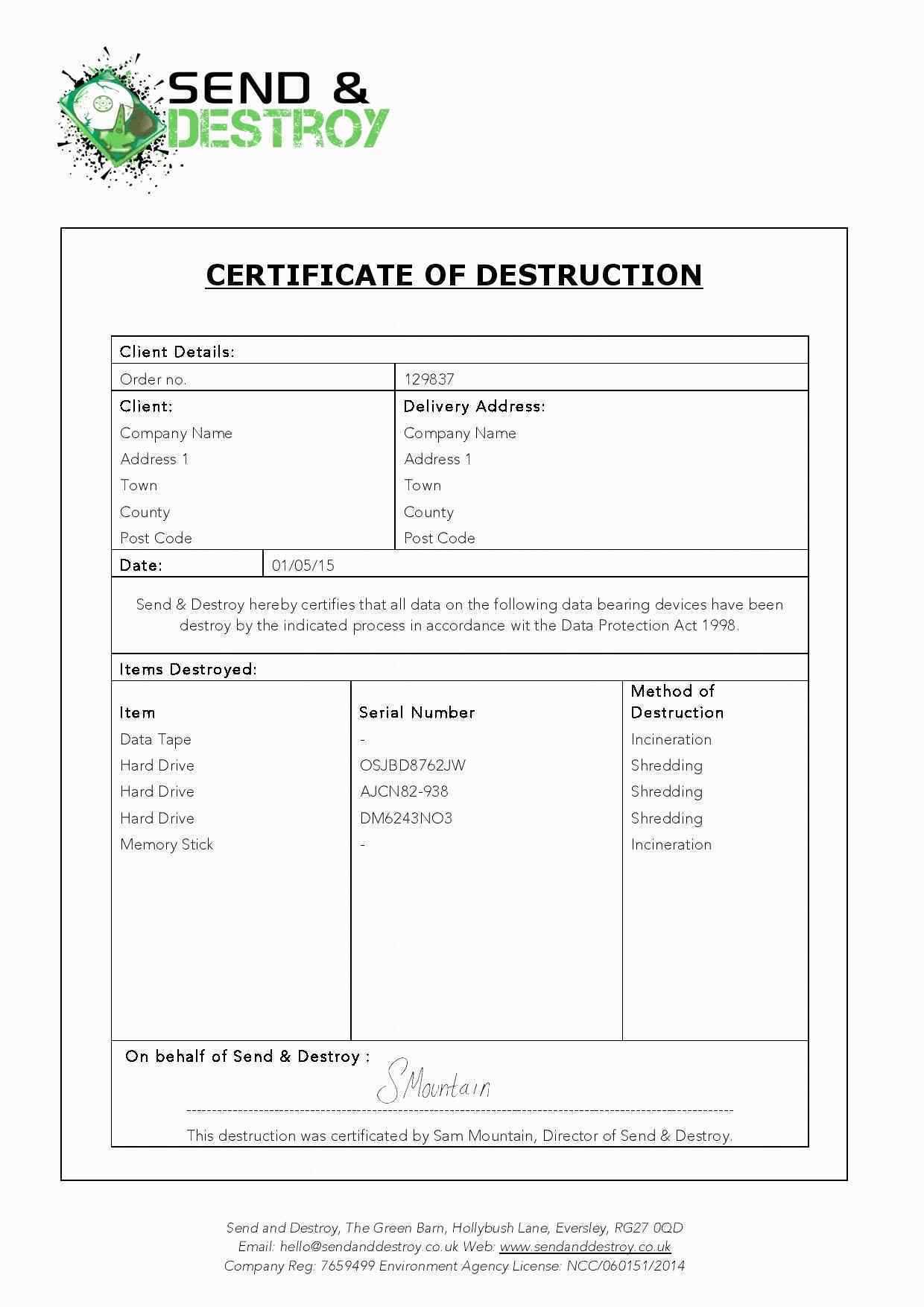12 Certificate Of Destruction Template | Resume Letter With Regard To Hard Drive Destruction Certificate Template