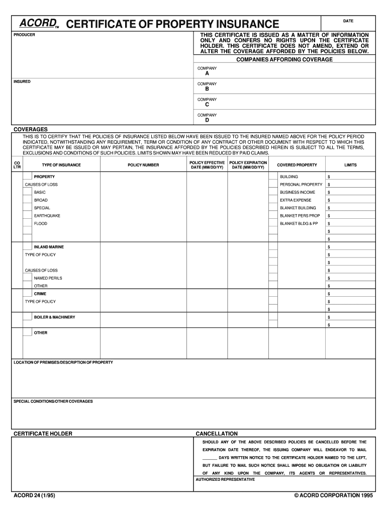 1995 Form Acord 24 Fill Online, Printable, Fillable, Blank Intended For Acord Insurance Certificate Template