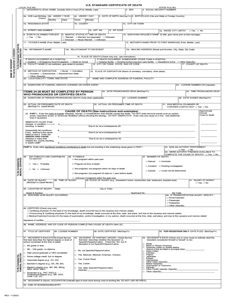 2003 2020 Form Us Standard Certificate Of Death Fill Online Intended For Baby Death Certificate Template