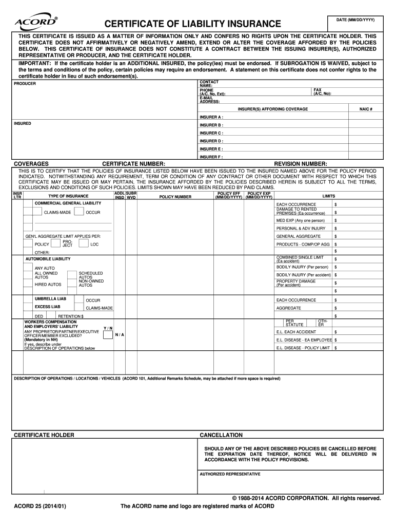 2014 2020 Form Acord 25 Fill Online, Printable, Fillable In Certificate Of Liability Insurance Template