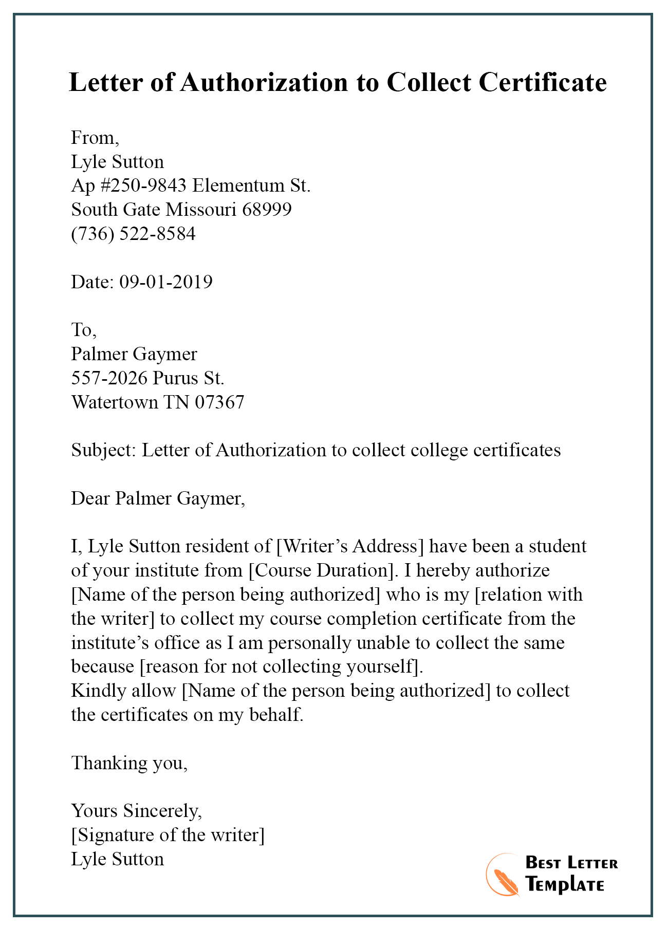 Free Authorization Letter Sample Example For Certificate Of