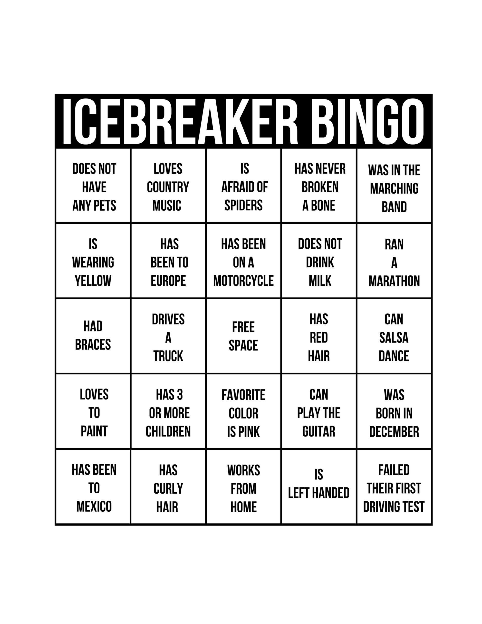 Ice Breaker Bingo Card Template