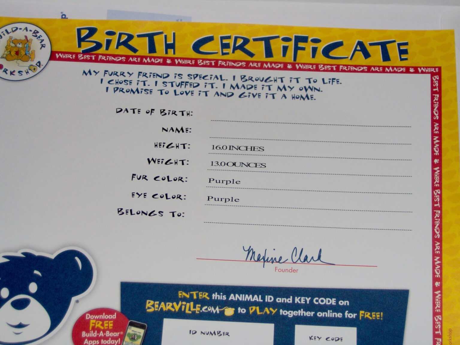 Printable Build A Bear Birth Certificate