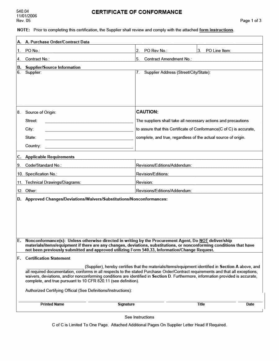 40 Free Certificate Of Conformance Templates & Forms ᐅ Within Certificate Of Manufacture Template