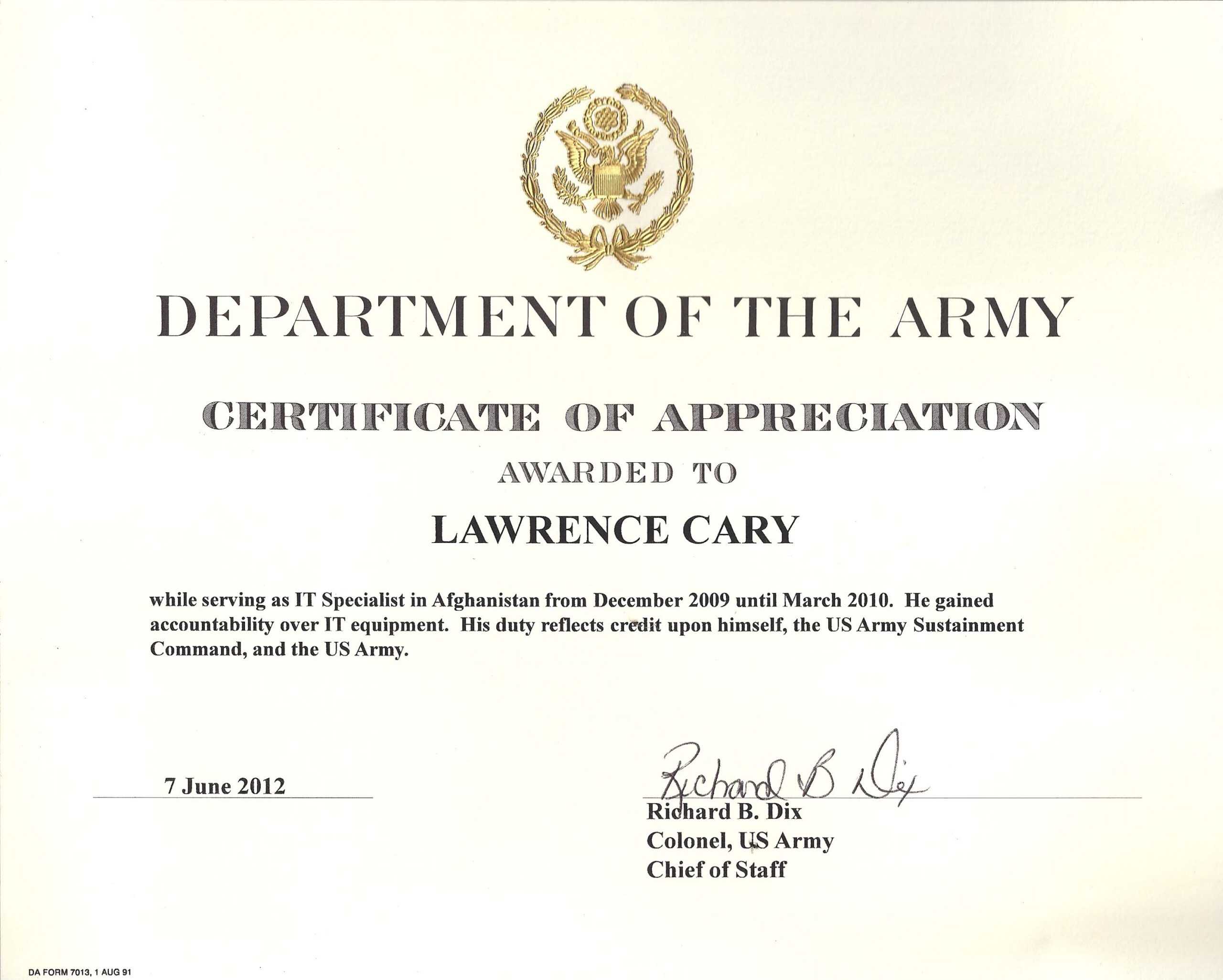 6+ Army Appreciation Certificate Templates – Pdf, Docx Regarding Certificate Of Achievement Army Template