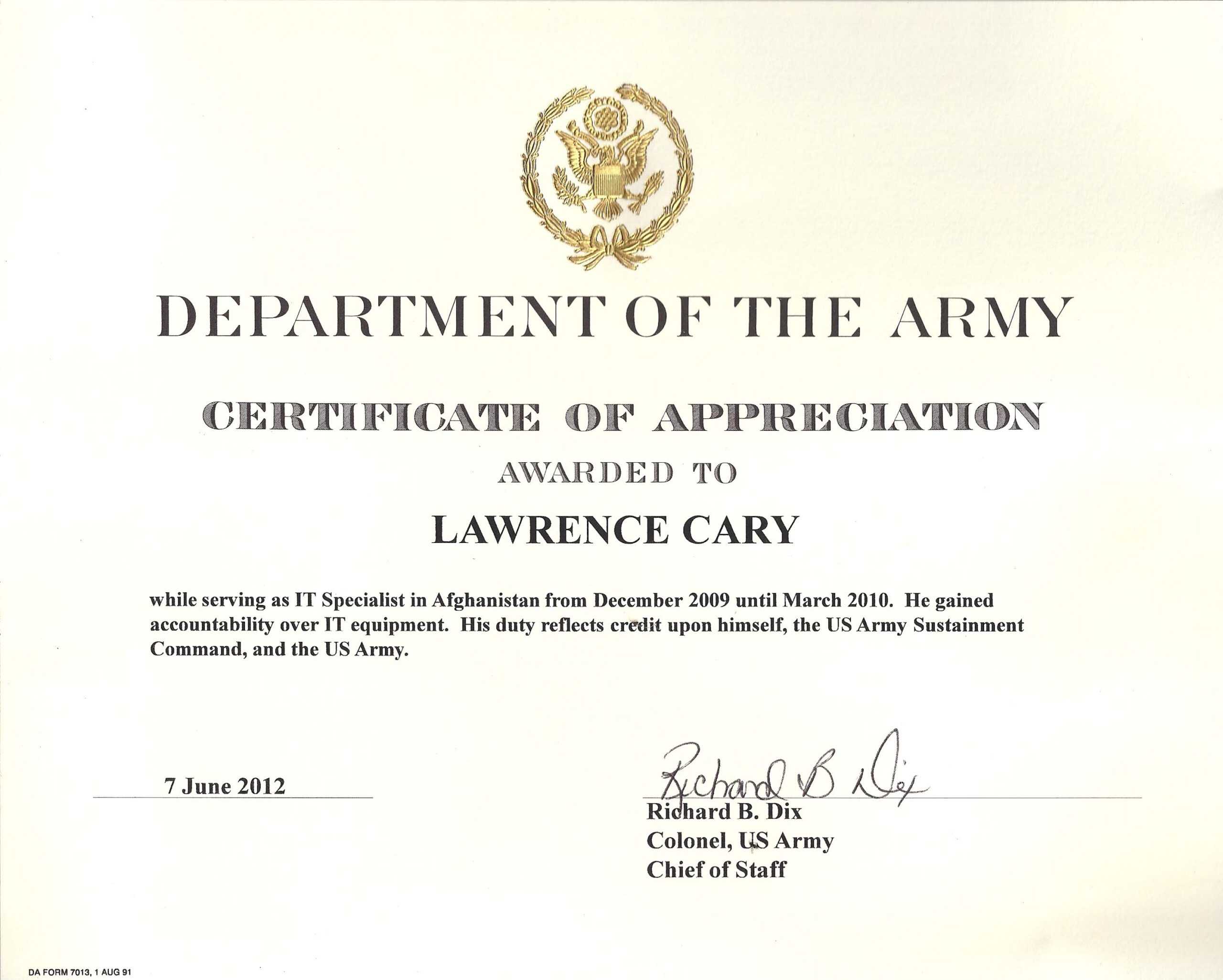 6+ Army Appreciation Certificate Templates - Pdf, Docx With Army Certificate Of Completion Template