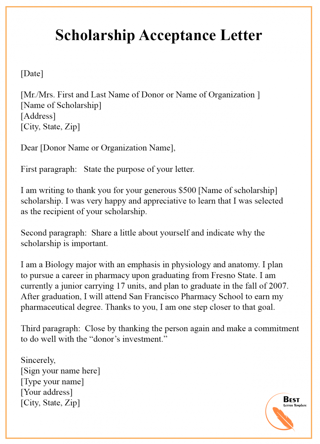 7 Scholarship Acceptance Letter Template Example Samples for Acceptance ...