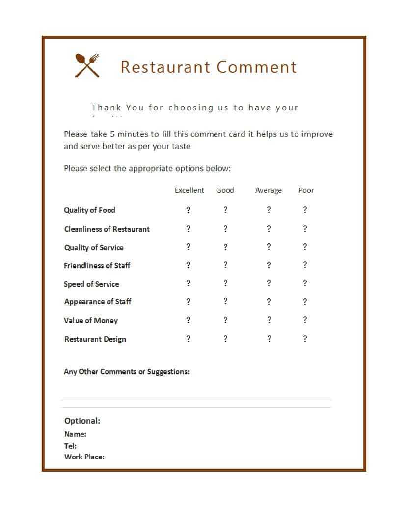 9 Restaurant Comment Card Templates – Free Sample Templates With Restaurant Comment Card Template