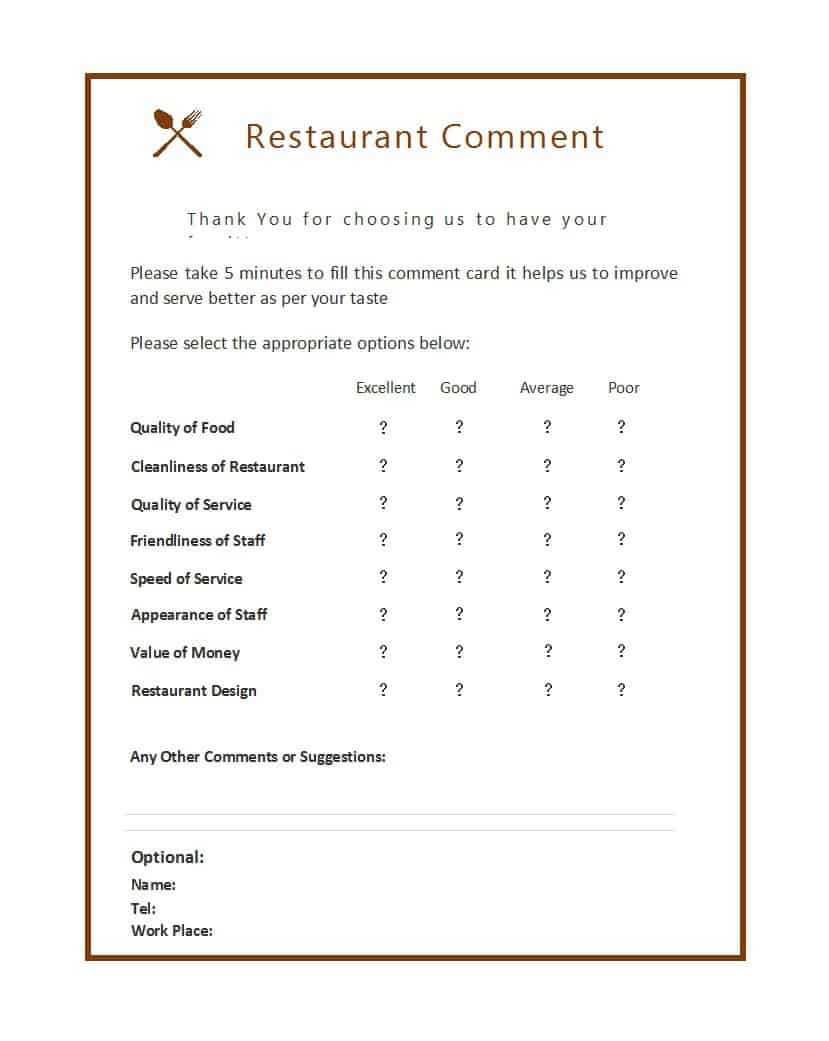 9 Restaurant Comment Card Templates – Free Sample Templates Within Comment Cards Template