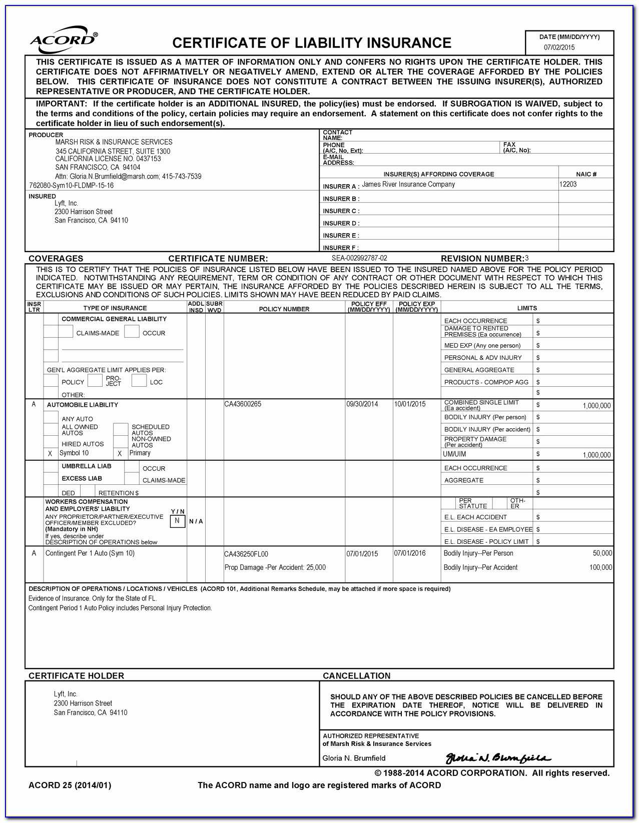 Acord Certificate Of Insurance Form Pdf - Form : Resume With Regard To Acord Insurance Certificate Template