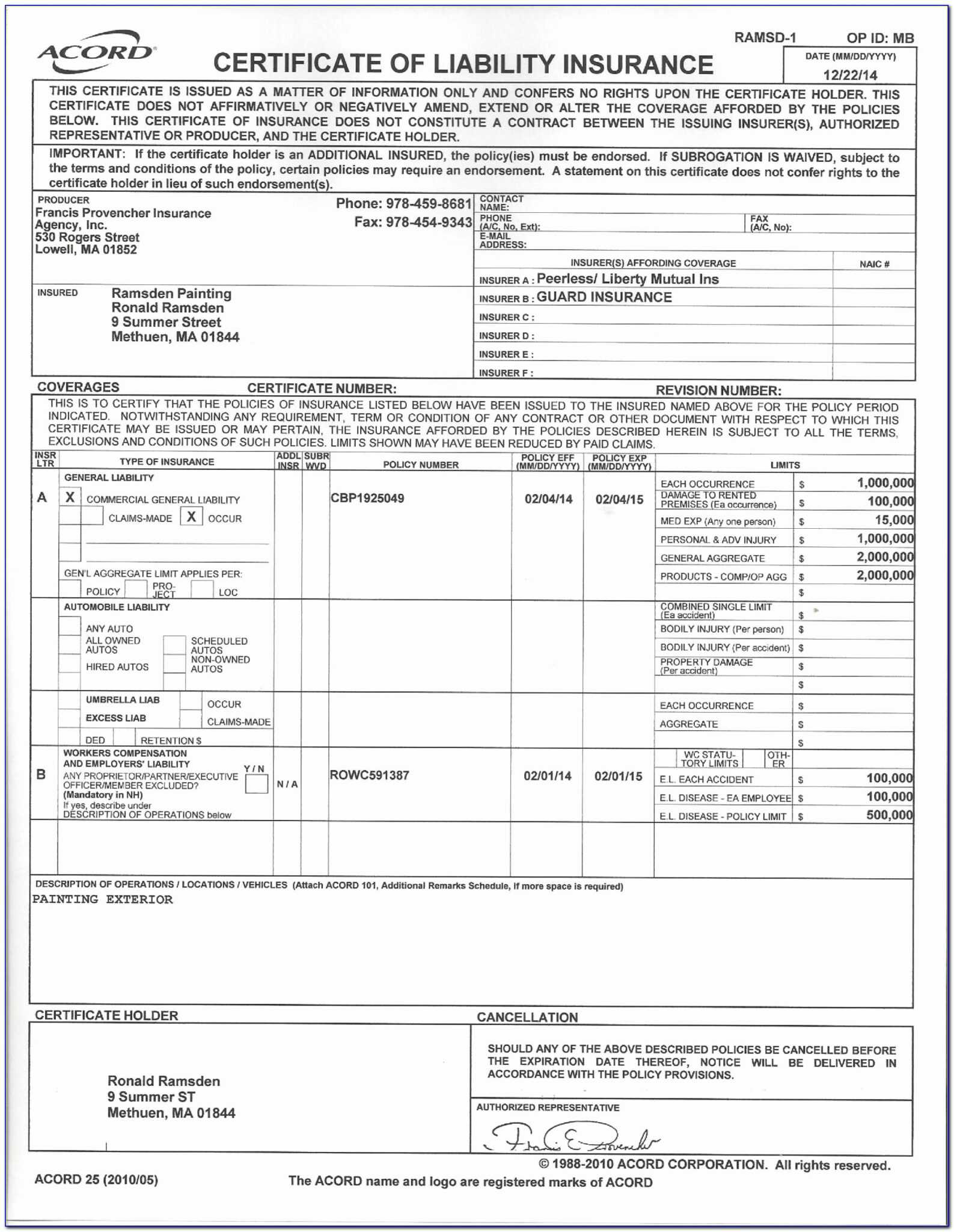 Acord Certificate Of Liability Insurance Template Acord Certificate Of Liability Insurance Template