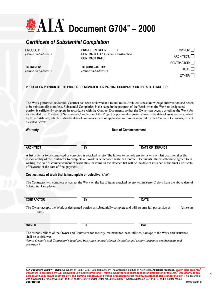 Aia Substantial Completion Certificate – Fill Online Within Certificate Of Substantial Completion Template