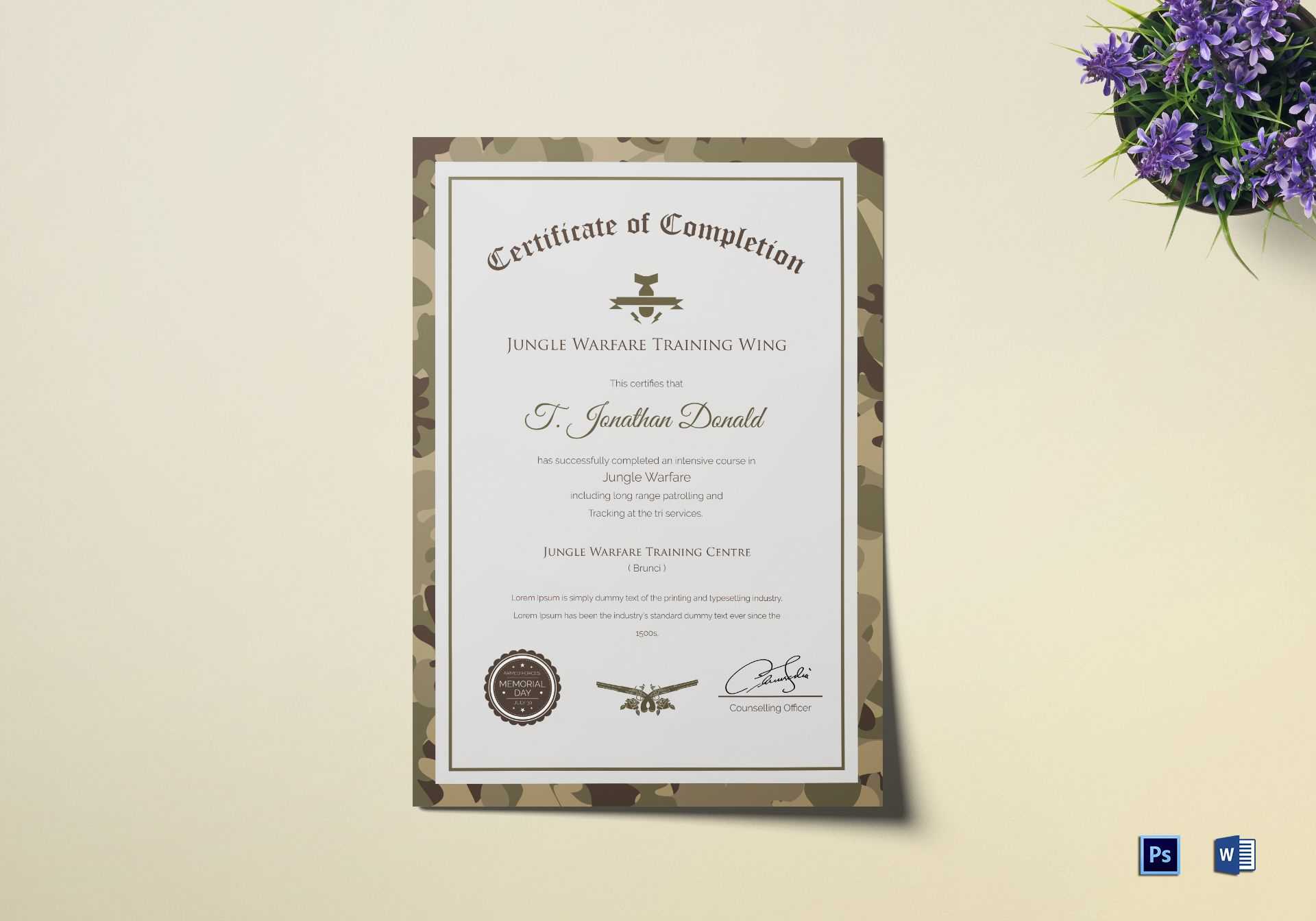 Army Camo Training Completion Certificate Template With Regard To Army Certificate Of Completion Template