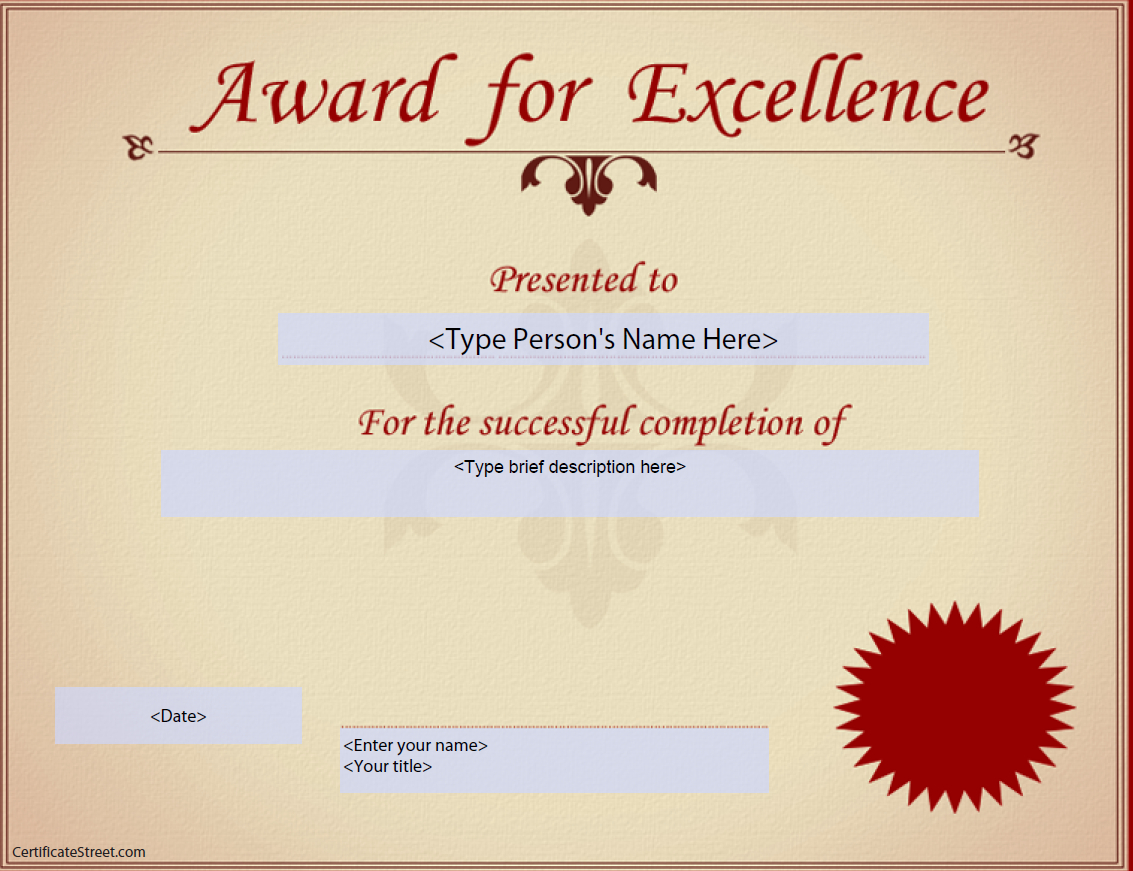 Award For Excellence Certificate | Templates At In Award Of Excellence Certificate Template