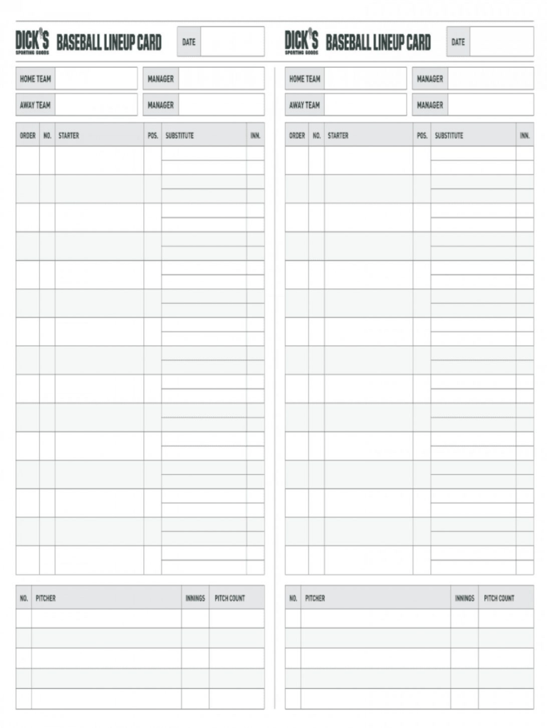 Baseball Lineup Template Card Printable Excel Free Fillable for