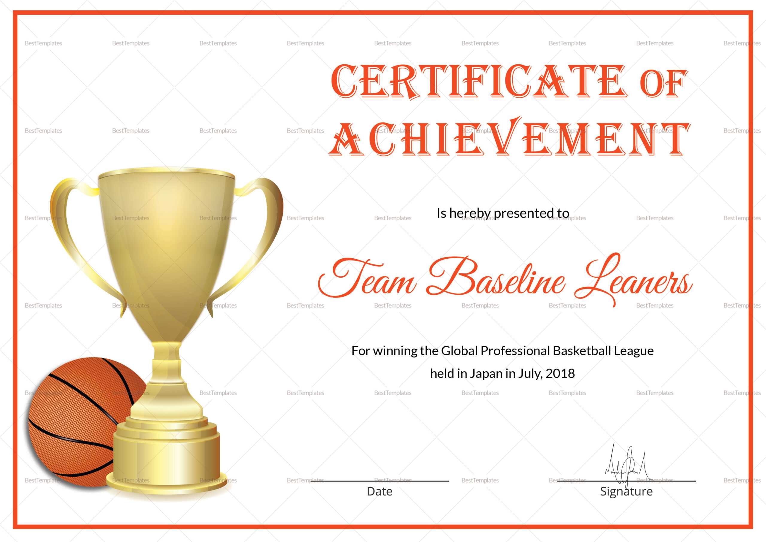 Basketball Achievement Certificate Template In Basketball Certificate Template