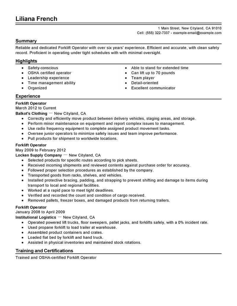 Best Forklift Operator Resume Example | Livecareer With Forklift Certification Template