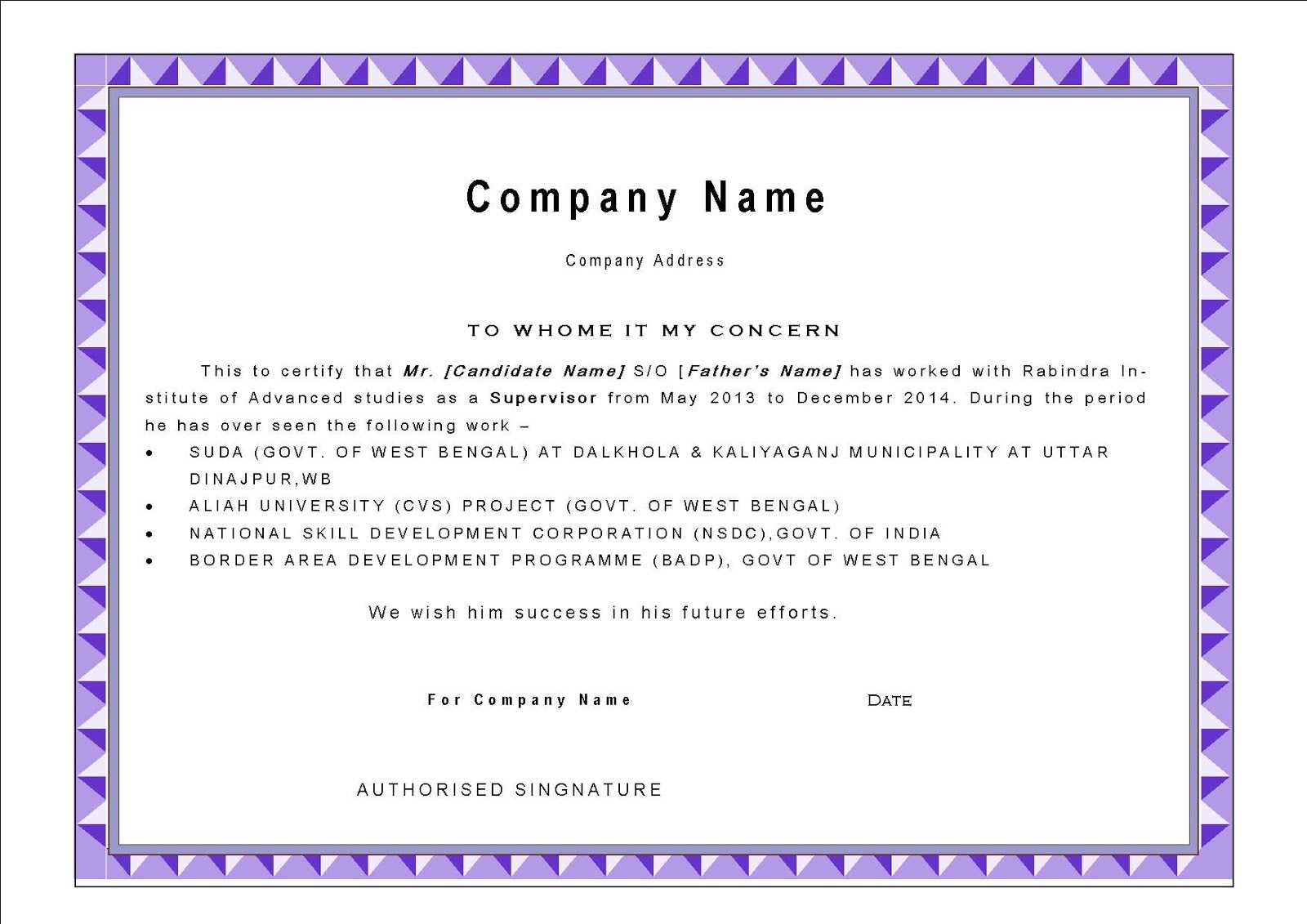 Best Work Experience Certificate Letter Template With Purple With Regard To Certificate Of Experience Template