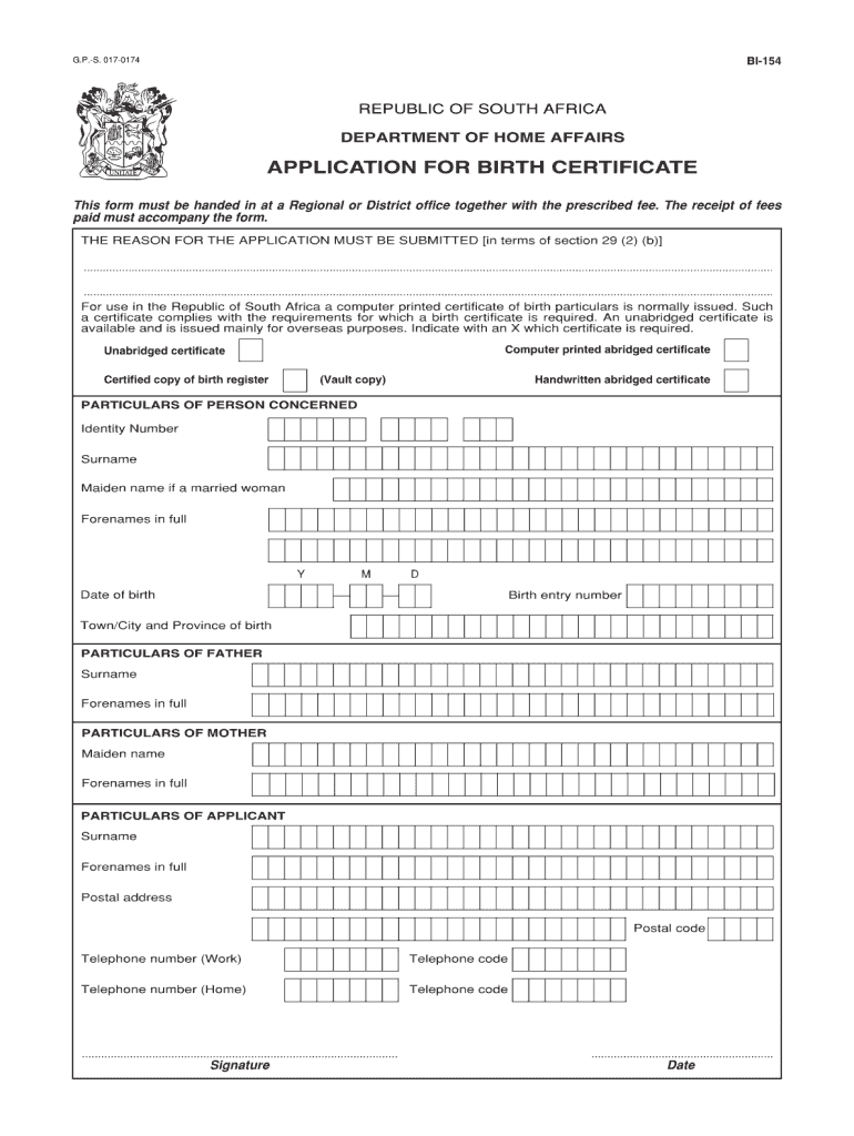 Bi 154 - Fill Online, Printable, Fillable, Blank | Pdffiller With South African Birth Certificate Template