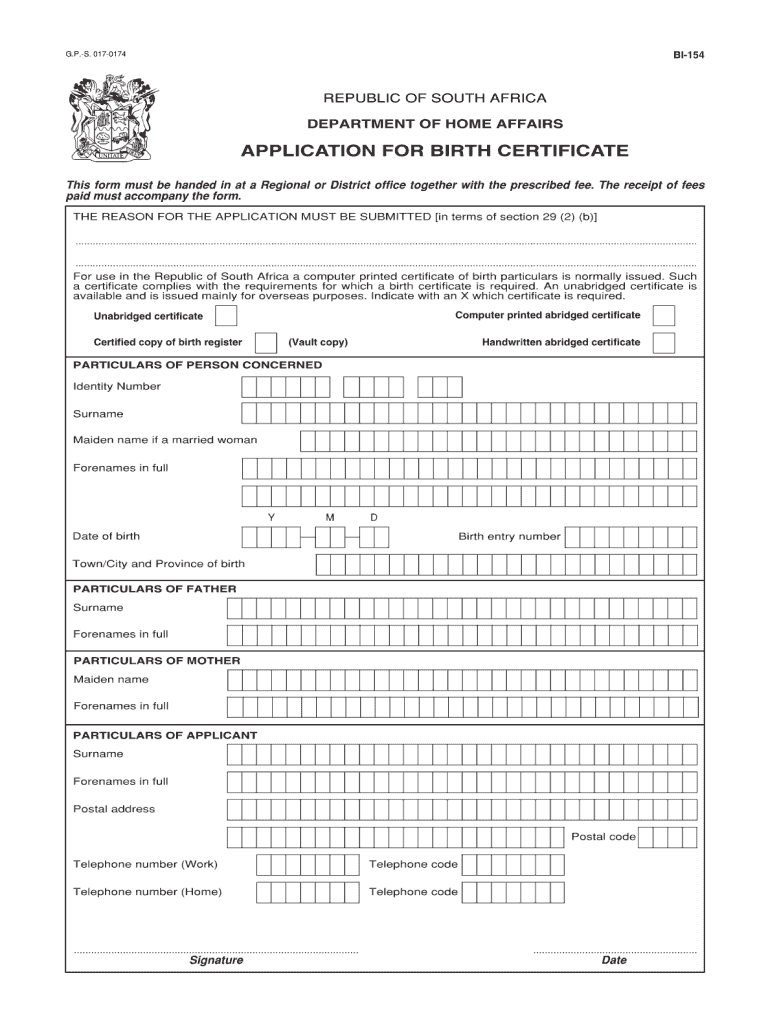 Bi 154 – Fill Online, Printable, Fillable, Blank | Pdffiller With South African Birth Certificate Template