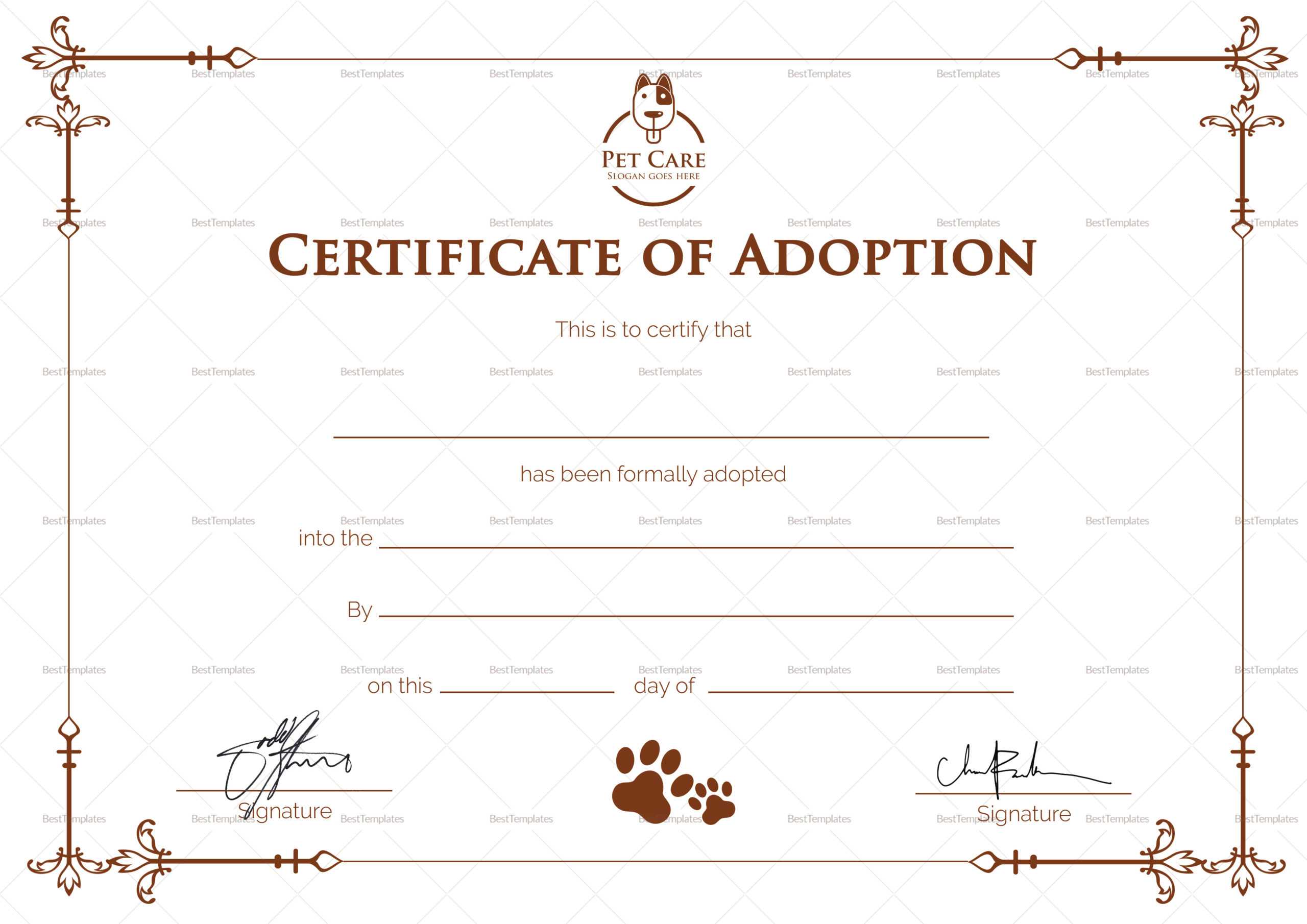 Certificate Of Adoption Template Intended For Pet Adoption Certificate Template