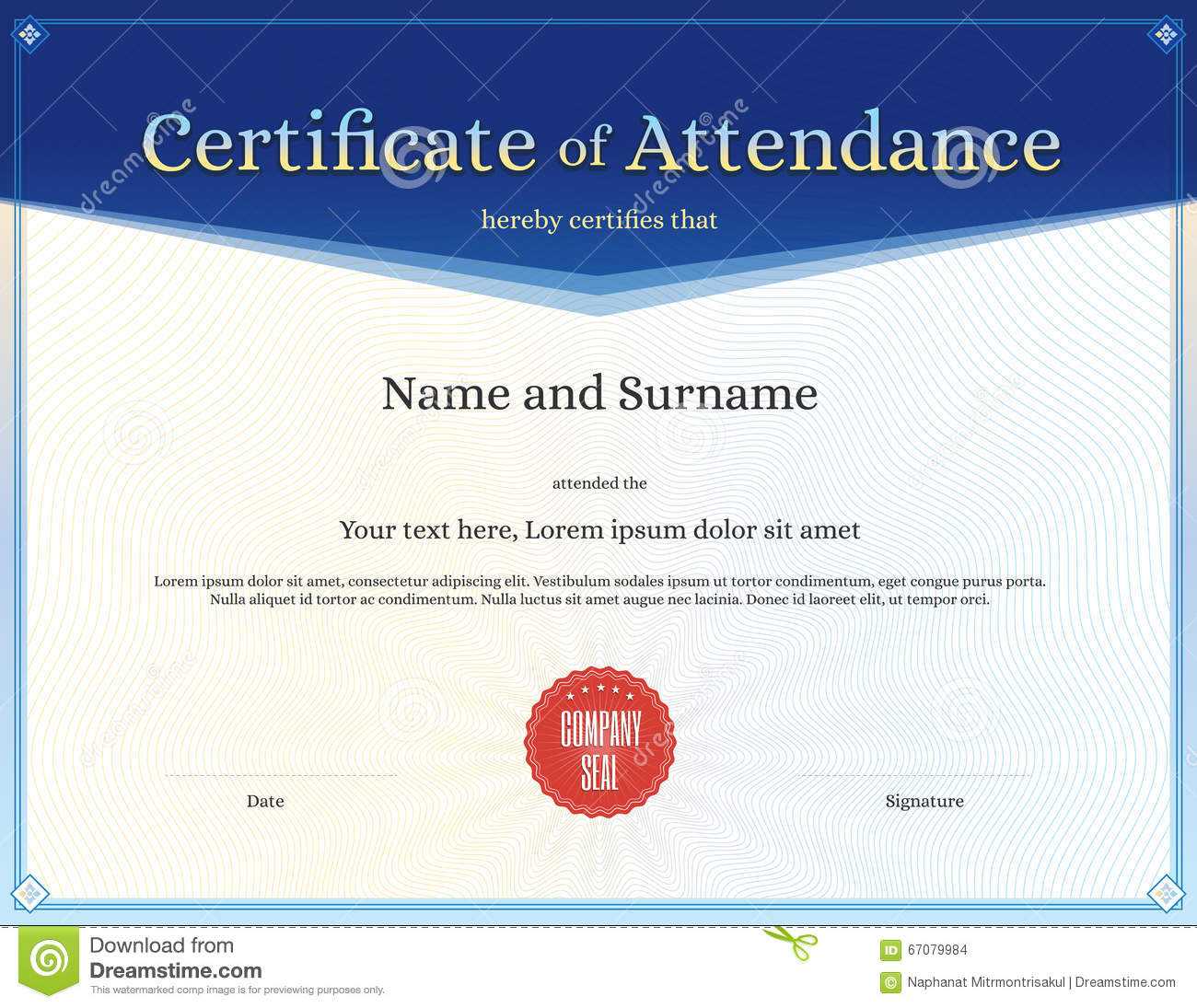 Certificate Of Attendance Template In Vector Stock Vector In Perfect Attendance Certificate Free Template