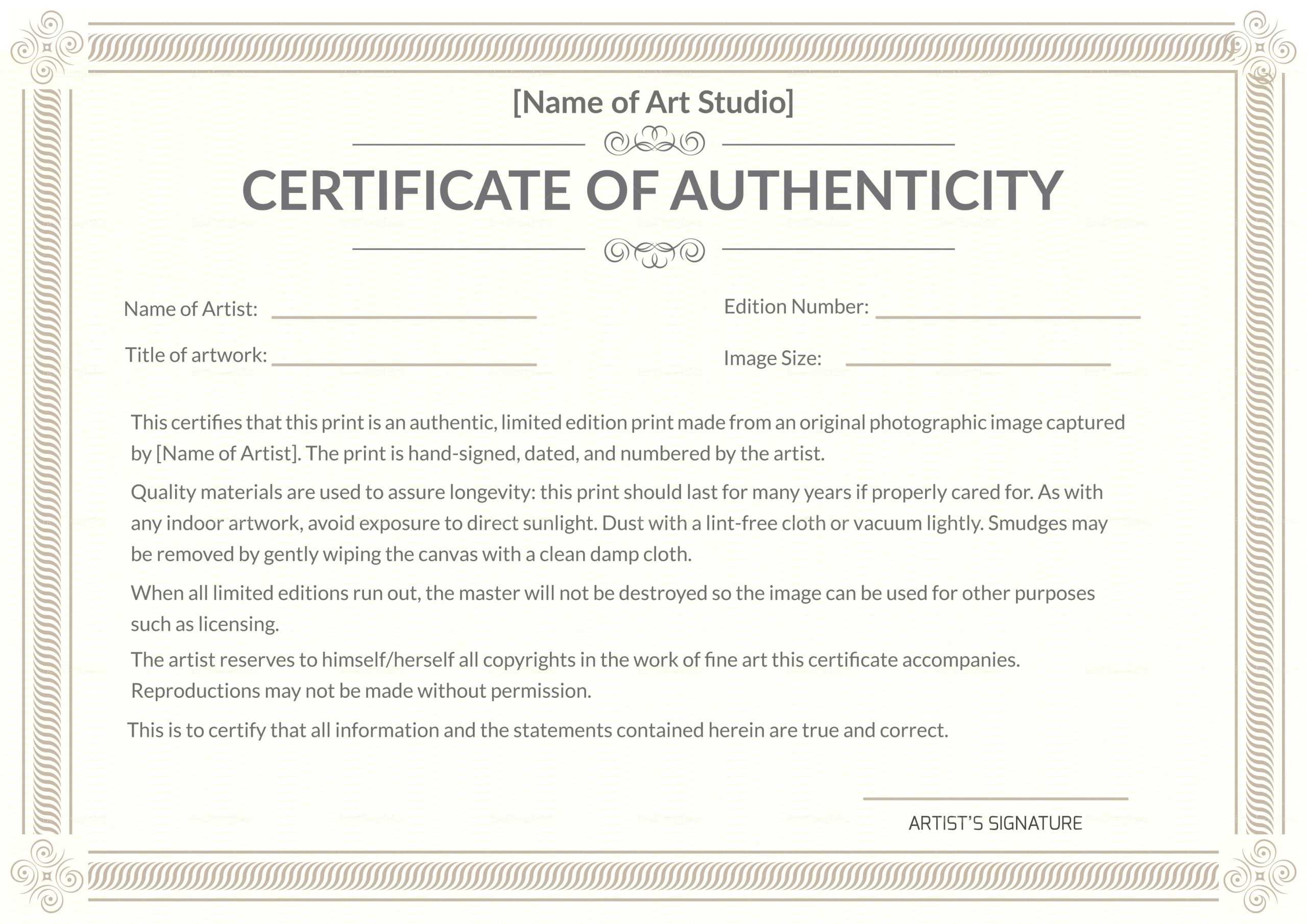 Certificate Of Authenticity Template Certificates Officecom With Regard To Certificate Of Authenticity Photography Template