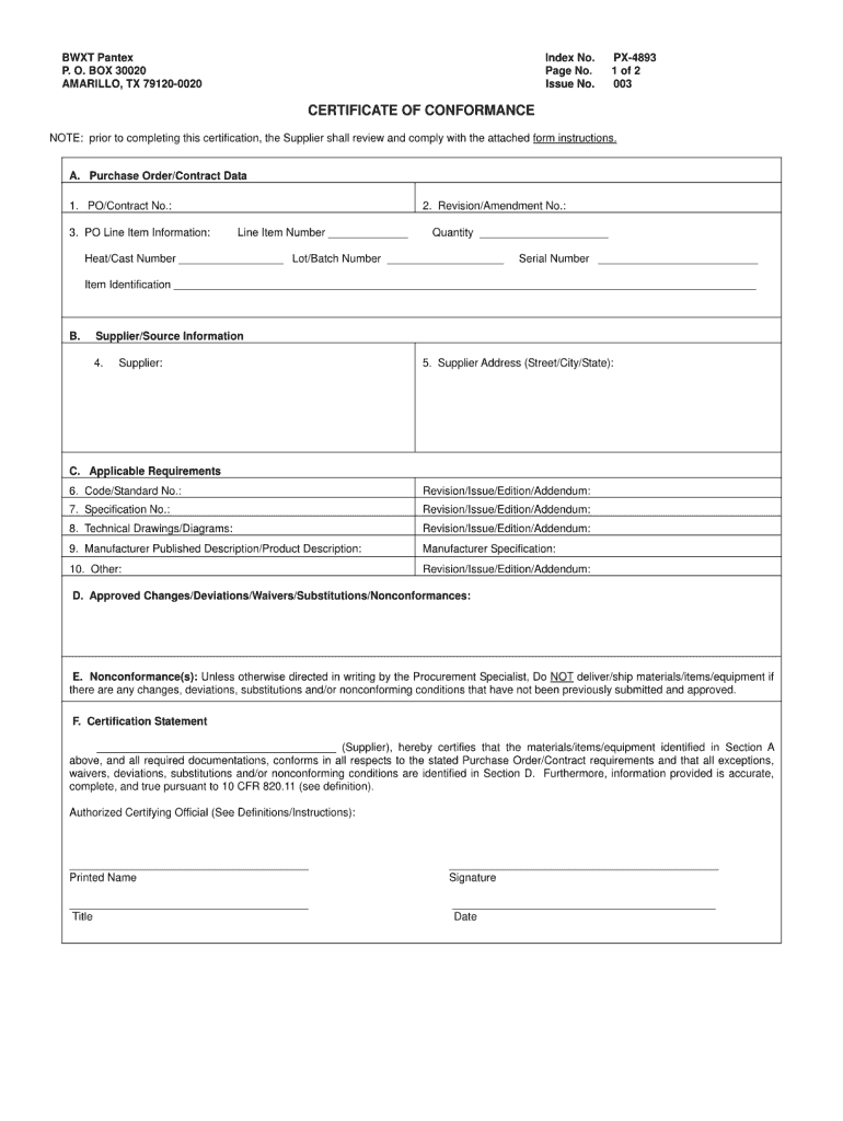 Certificate Of Conformance Template – Fill Online, Printable Intended For Certificate Of Conformance Template