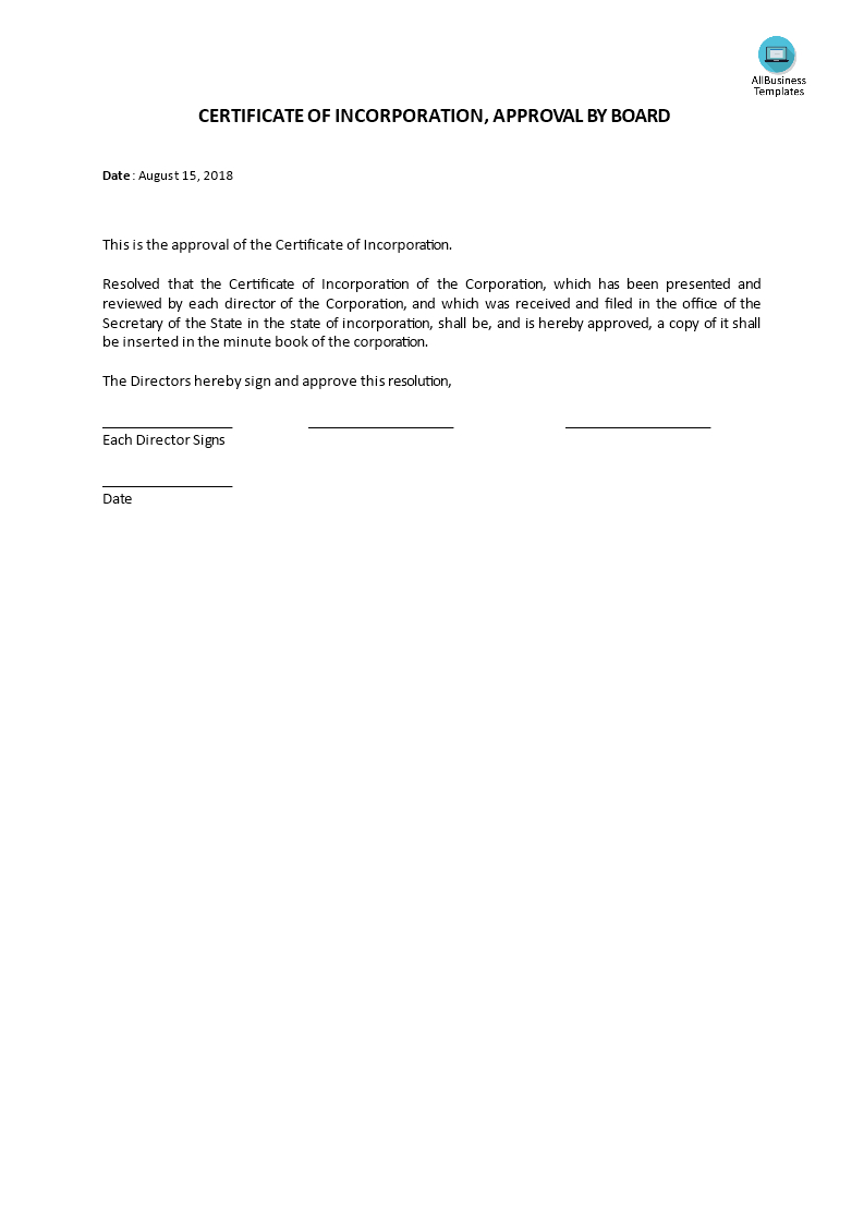 Certificate Of Incorporation, Board Acceptance | Templates At Intended For Certificate Of Acceptance Template