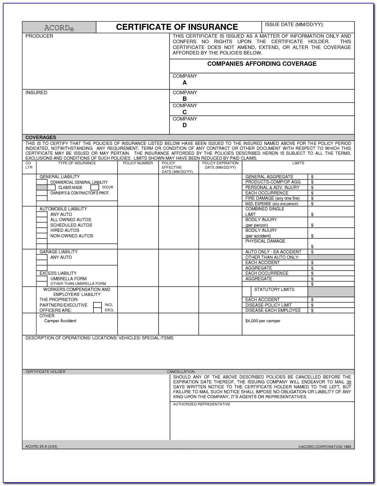 Certificate Of Liability Insurance Form Acord 25 - Form With Regard To Acord Insurance Certificate Template