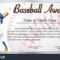 Certificate Template Baseball Award Baseball Player Stock Regarding Softball Award Certificate Template