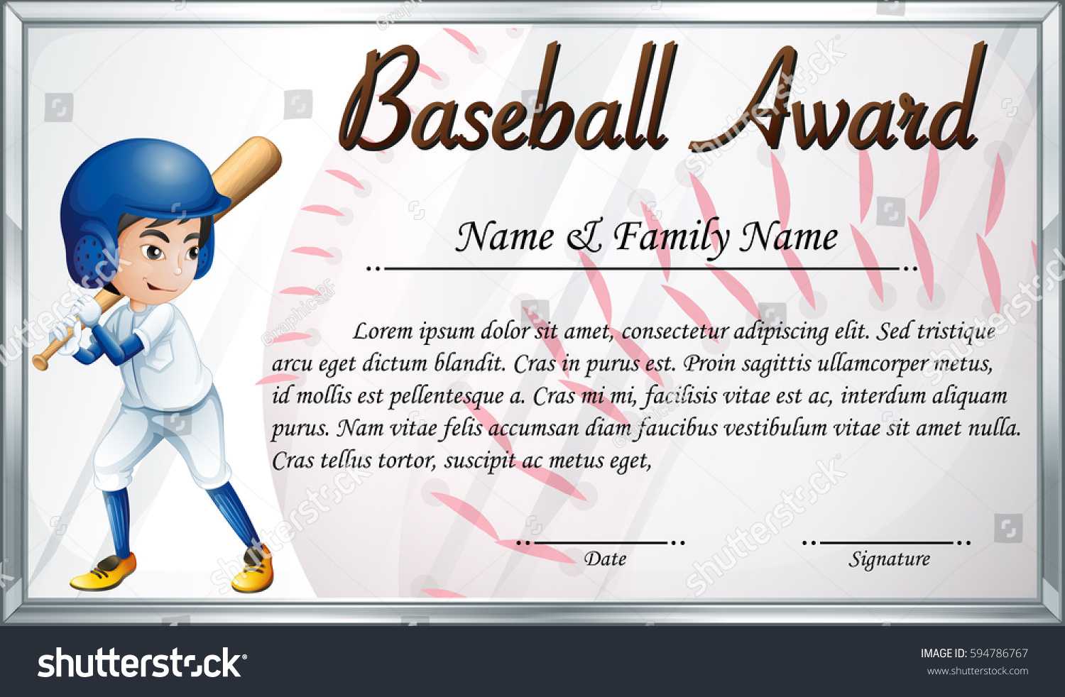 Certificate Template Baseball Award Baseball Player Stock Regarding Softball Award Certificate Template
