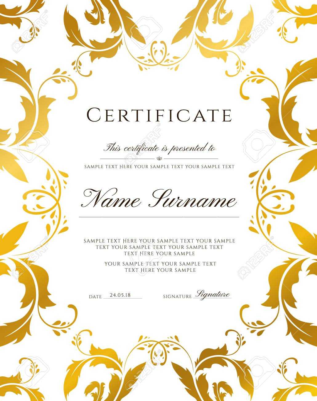 Certificate Template, Gold Border. Editable Design For Diploma,.. In Blank Certificate Of Achievement Template