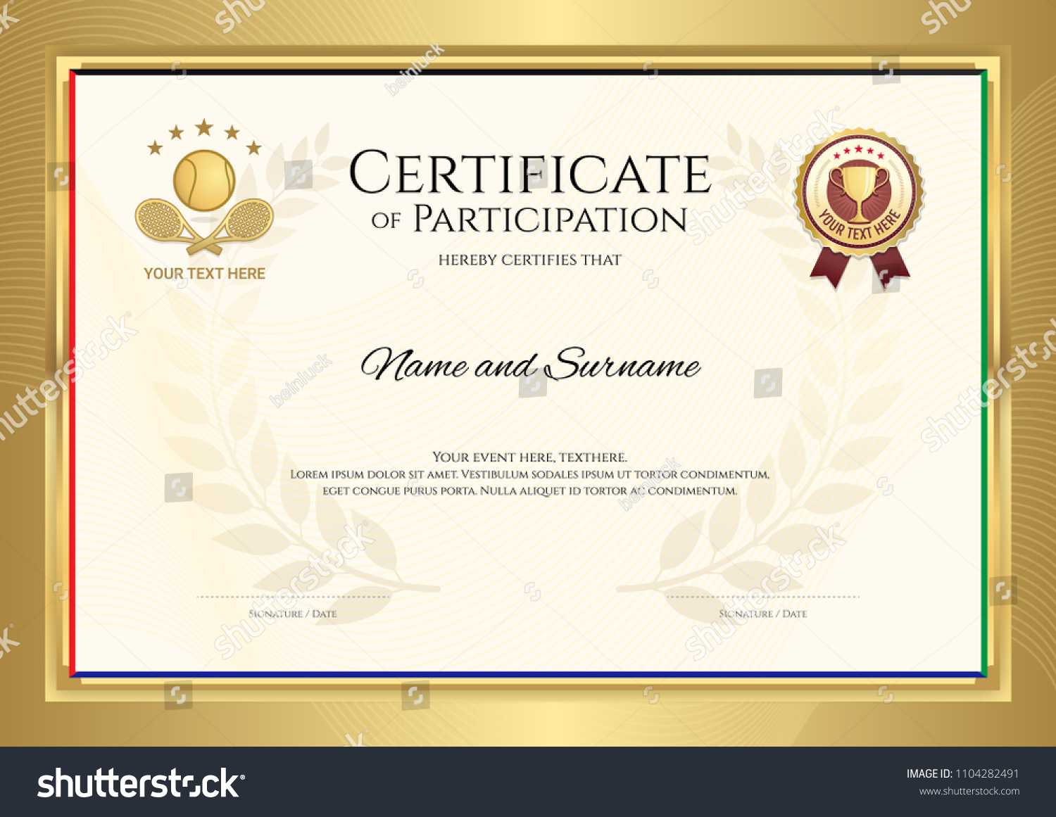 Certificate Template Tennis Sport Theme Gold Stock Image Inside Tennis Gift Certificate Template