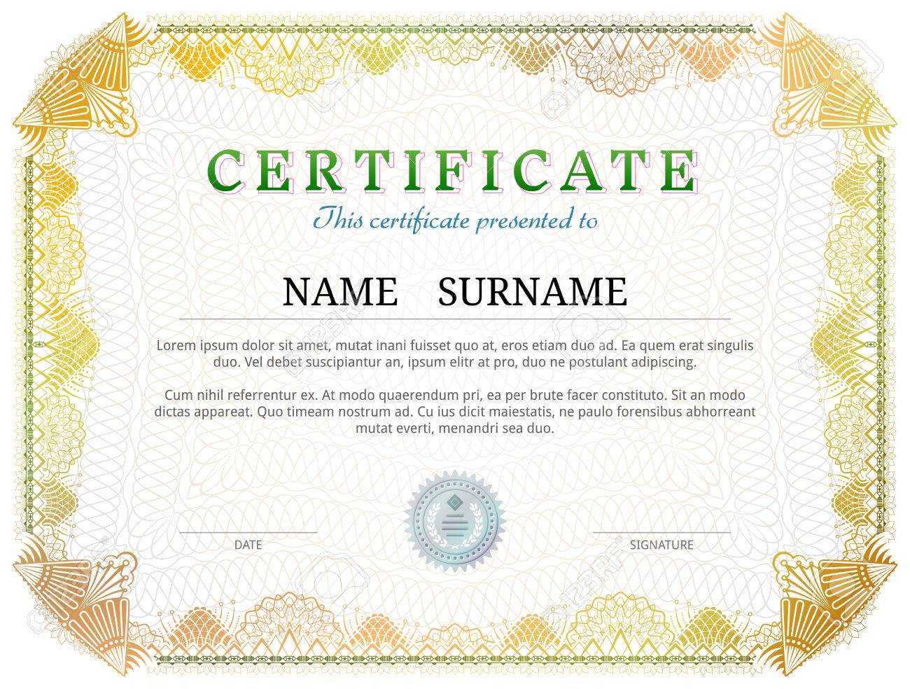 Certificate Template With Guilloche Elements. Yellow Diploma.. Pertaining To Validation Certificate Template