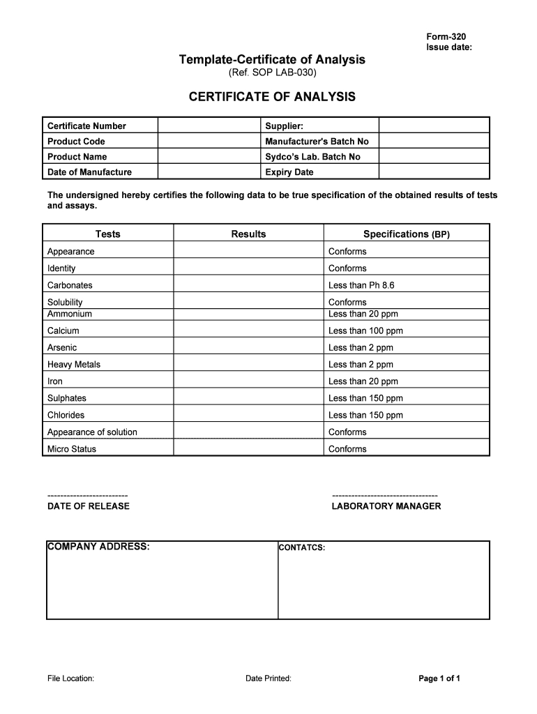 Certification Of Analysis Template – Fill Online, Printable Pertaining To Certificate Of Appearance Template