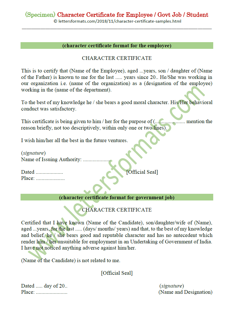 Character Certificate For Employee / Govt Job / Student (Sample) For Good Conduct Certificate Template