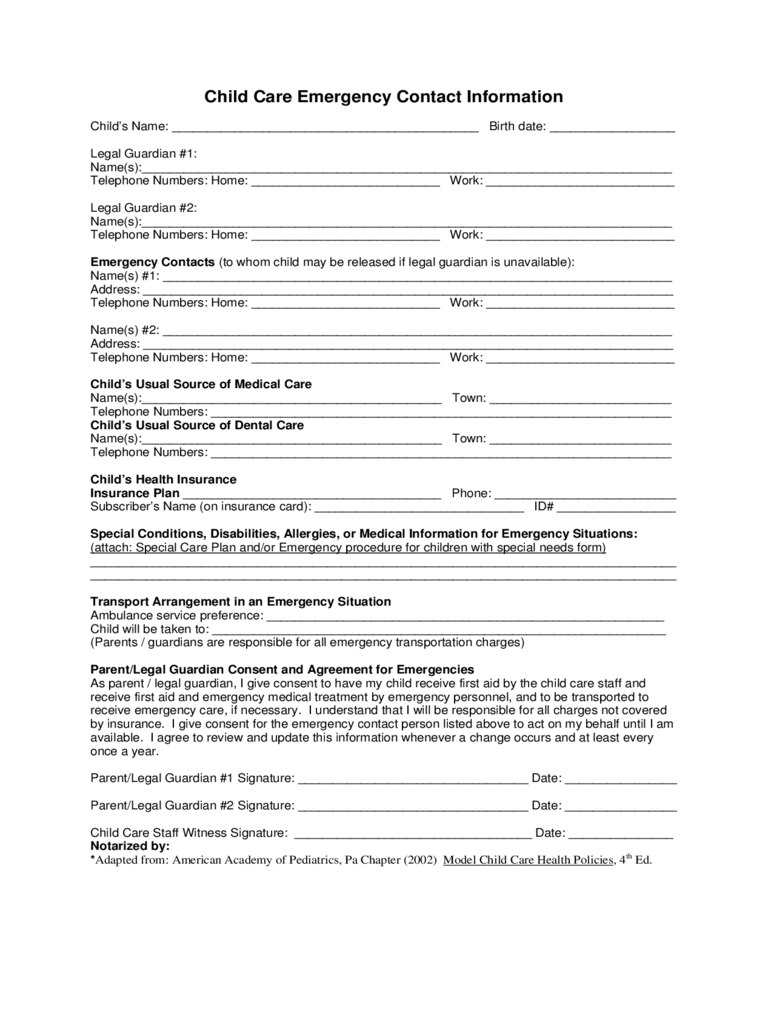 Child Care Emergency Contact Form – 2 Free Templates In Pdf Intended For Emergency Contact Card Template