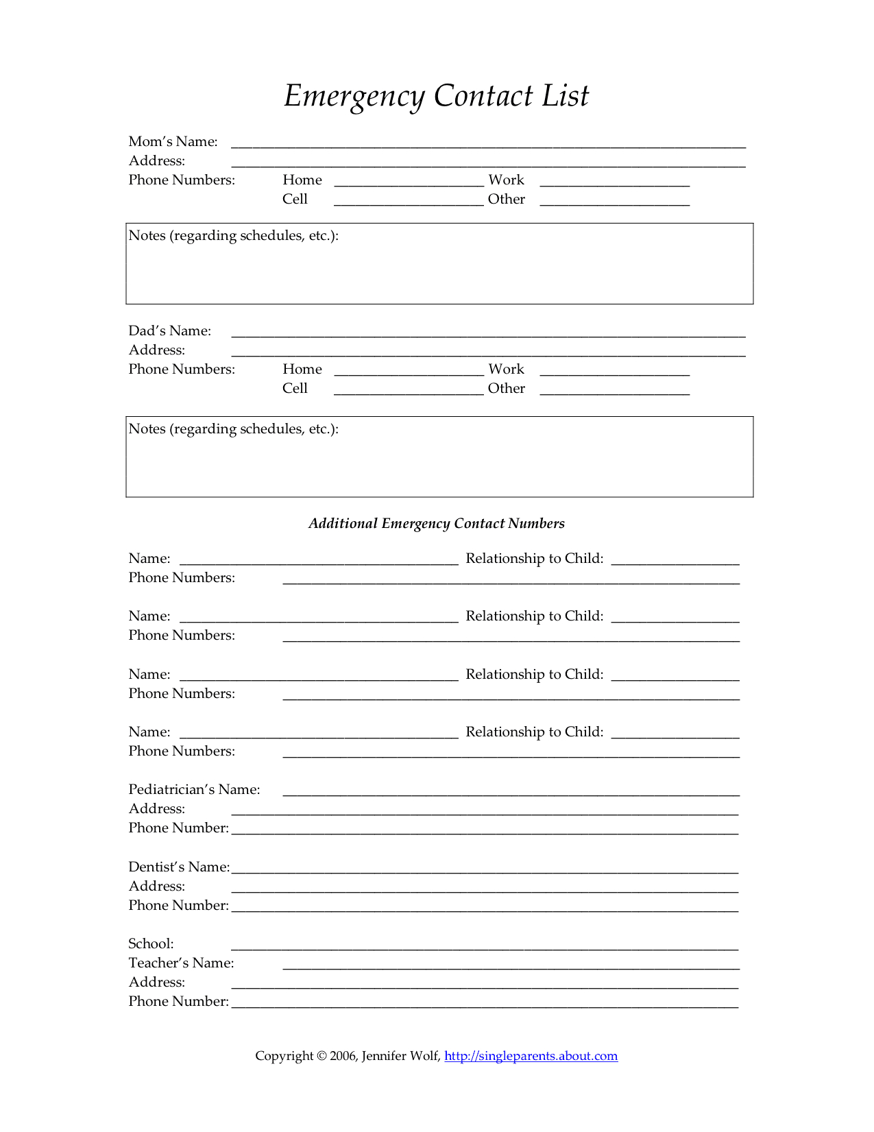 Child's Emergency Contact Form | Single Parent Families Throughout Emergency Contact Card Template