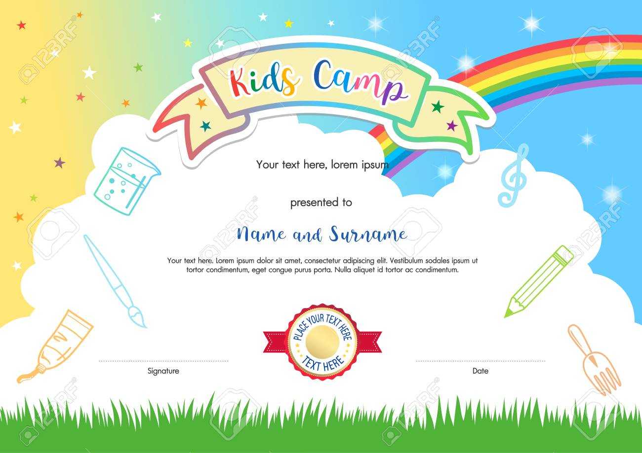 Colorful Kids Summer Camp Diploma Certificate Template In Cartoon.. Within Summer Camp Certificate Template