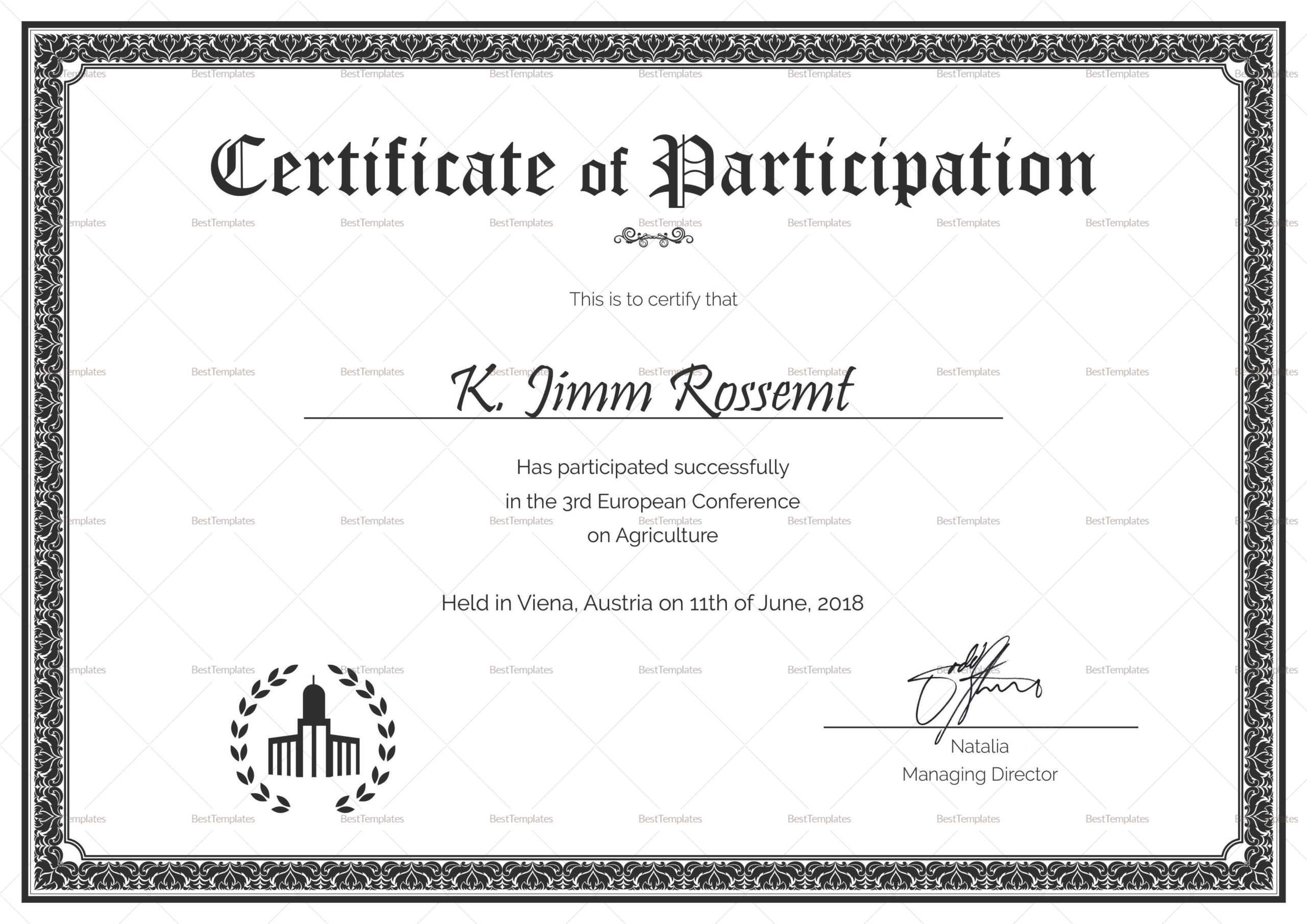 Conference Participation Certificate Template inside Conference