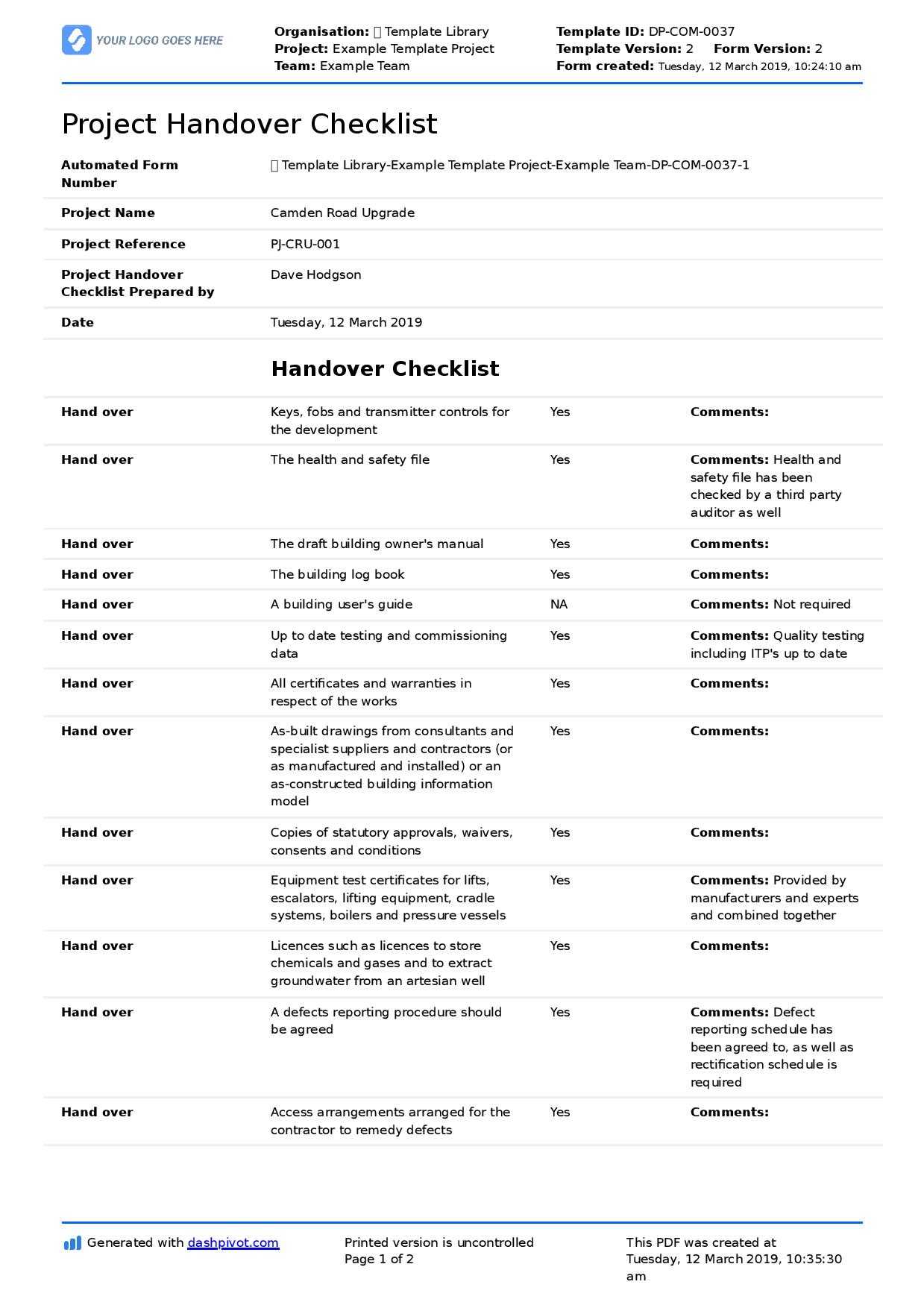 Construction Project Handover Checklist Template (Better With Handover Certificate Template